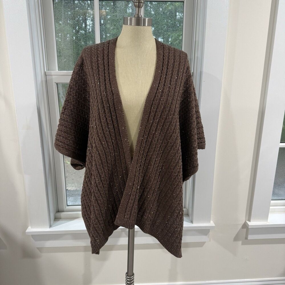 Vince Camuto Knit Sequin Poncho Sweater Taupe One Size Cable Knit Wrap Shawl NWT